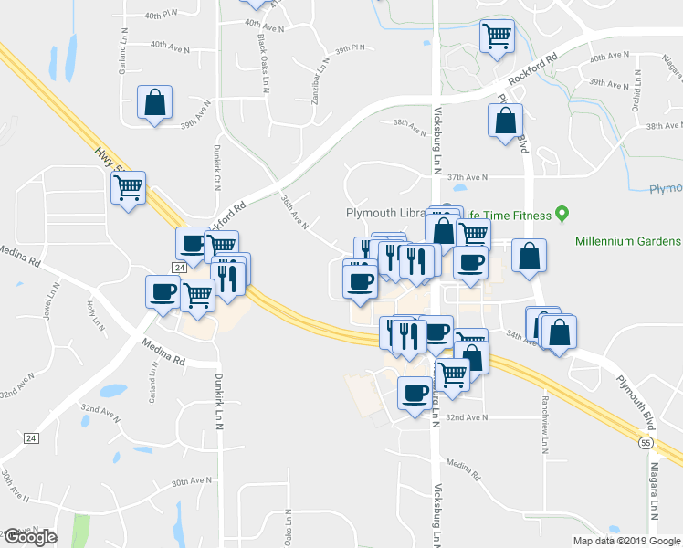 map of restaurants, bars, coffee shops, grocery stores, and more near 16205 36th Avenue North in Plymouth