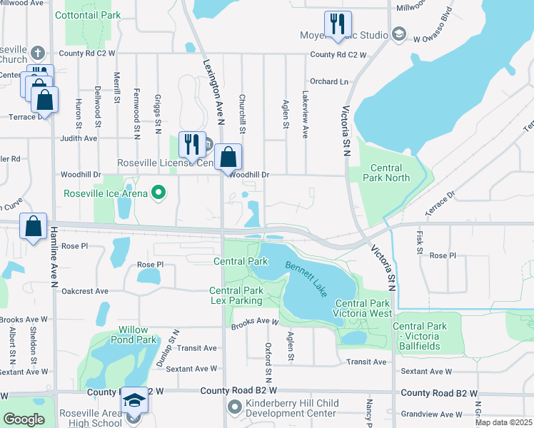 map of restaurants, bars, coffee shops, grocery stores, and more near 2670 North Oxford Street in Roseville