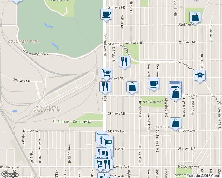 map of restaurants, bars, coffee shops, grocery stores, and more near 2923 Northeast Tyler Street in Minneapolis