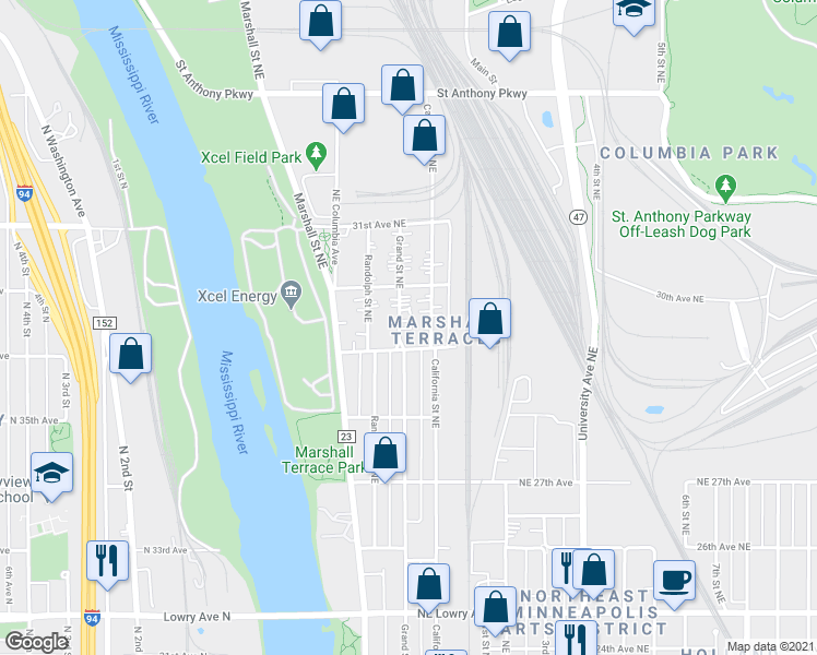 map of restaurants, bars, coffee shops, grocery stores, and more near 2915 Grand Street Northeast in Minneapolis