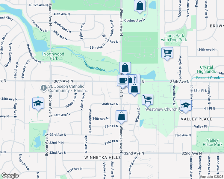 map of restaurants, bars, coffee shops, grocery stores, and more near 3509 Winnetka Avenue North in Minneapolis