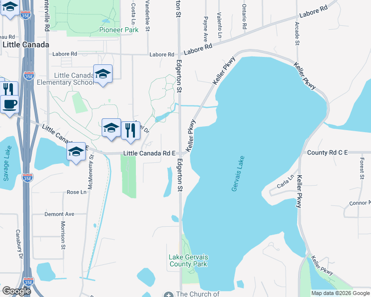 map of restaurants, bars, coffee shops, grocery stores, and more near 565 Keller Parkway in Little Canada