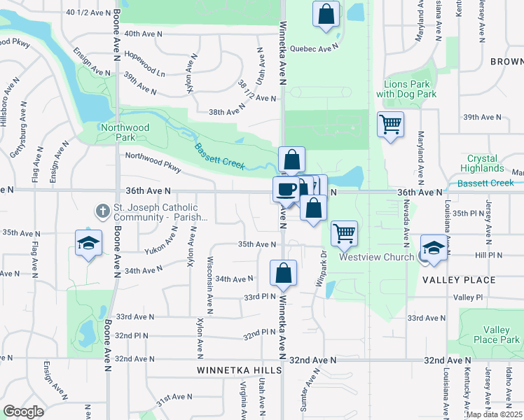 map of restaurants, bars, coffee shops, grocery stores, and more near 3509 Winnetka Avenue North in Minneapolis