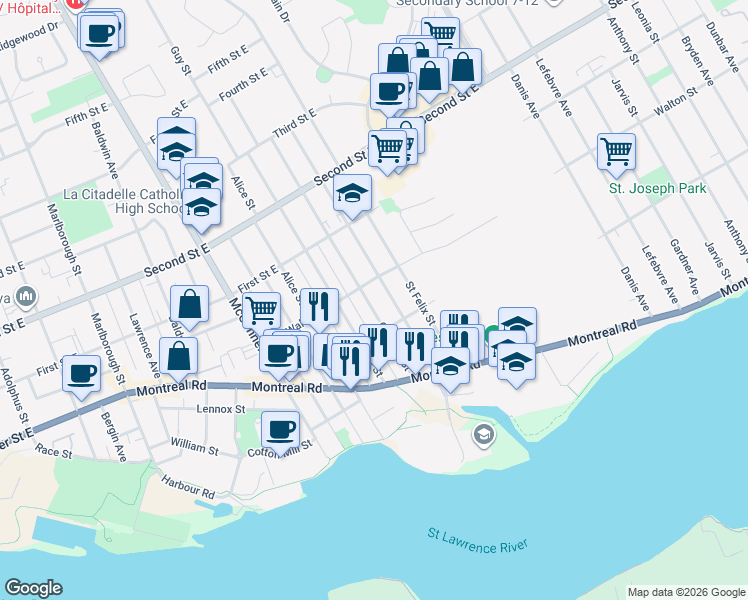 map of restaurants, bars, coffee shops, grocery stores, and more near 223 Carleton Street in Cornwall