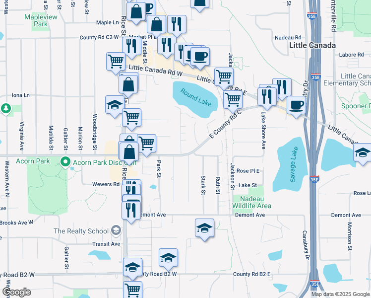 map of restaurants, bars, coffee shops, grocery stores, and more near 2650 Sylvan Street in Little Canada