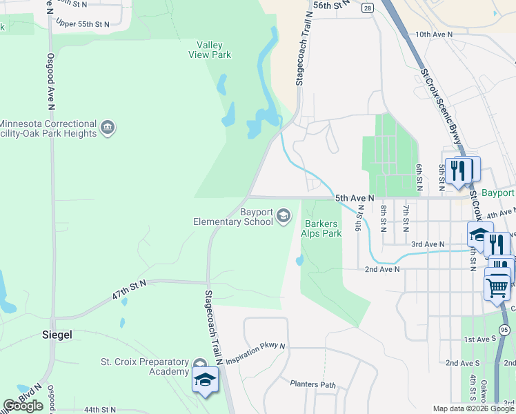 map of restaurants, bars, coffee shops, grocery stores, and more near 1012 5th Avenue North in Bayport