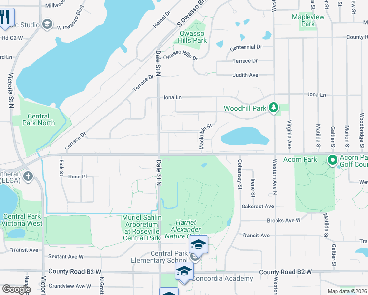 map of restaurants, bars, coffee shops, grocery stores, and more near 2710 Dale Street North in Roseville