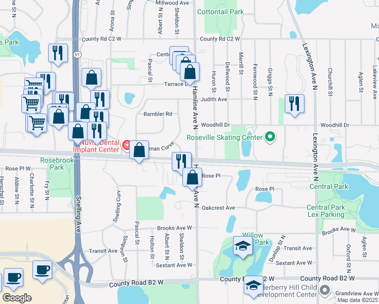map of restaurants, bars, coffee shops, grocery stores, and more near 2651 Hamline Avenue North in Roseville