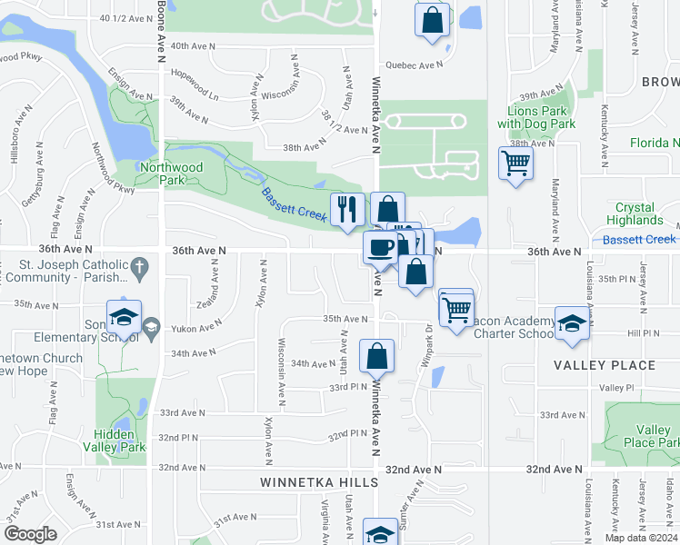map of restaurants, bars, coffee shops, grocery stores, and more near 8015 36th Avenue North in New Hope