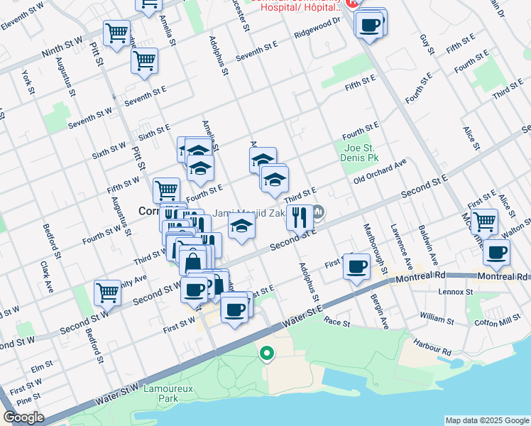 map of restaurants, bars, coffee shops, grocery stores, and more near 232 Third Street East in Cornwall