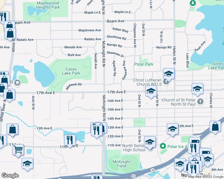 map of restaurants, bars, coffee shops, grocery stores, and more near 2268 17th Avenue East in Maplewood