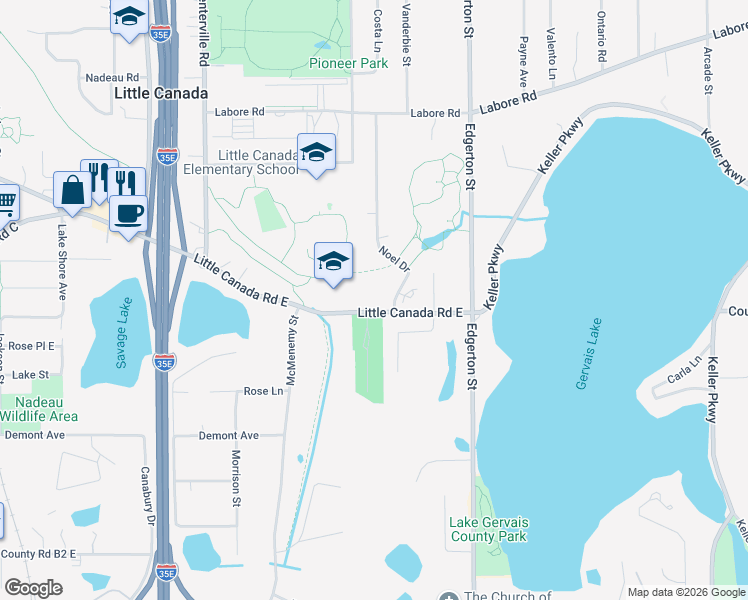 map of restaurants, bars, coffee shops, grocery stores, and more near 477 Little Canada Road East in Little Canada