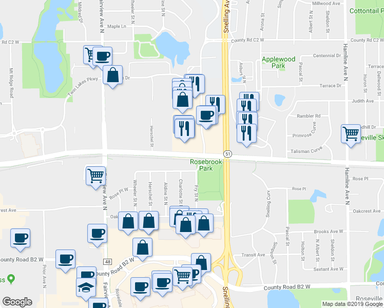 map of restaurants, bars, coffee shops, grocery stores, and more near 1601 West County Road C in Roseville
