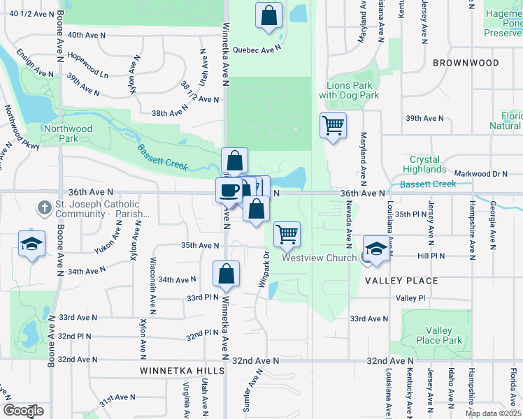 map of restaurants, bars, coffee shops, grocery stores, and more near 3556 Winnetka Avenue North in New Hope