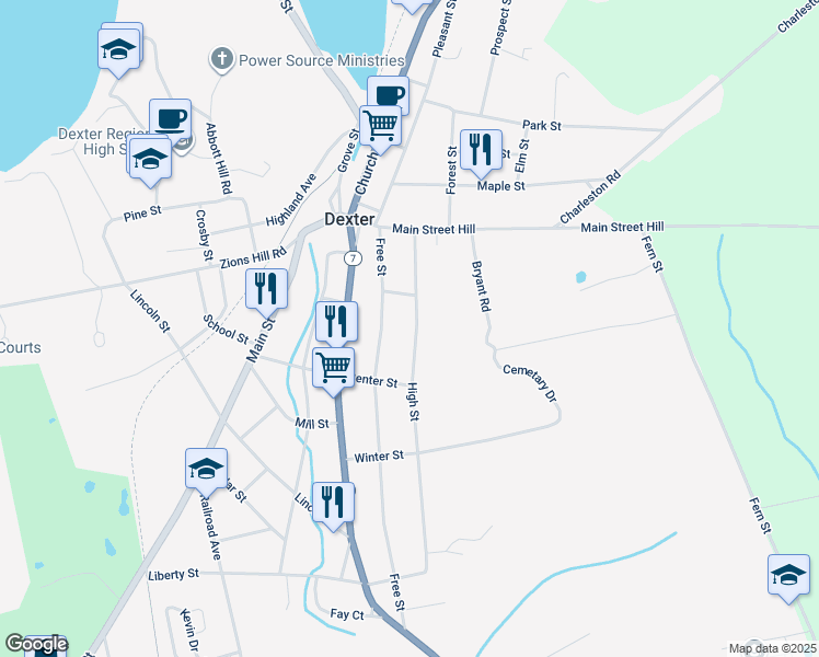map of restaurants, bars, coffee shops, grocery stores, and more near 51 High Street in Dexter