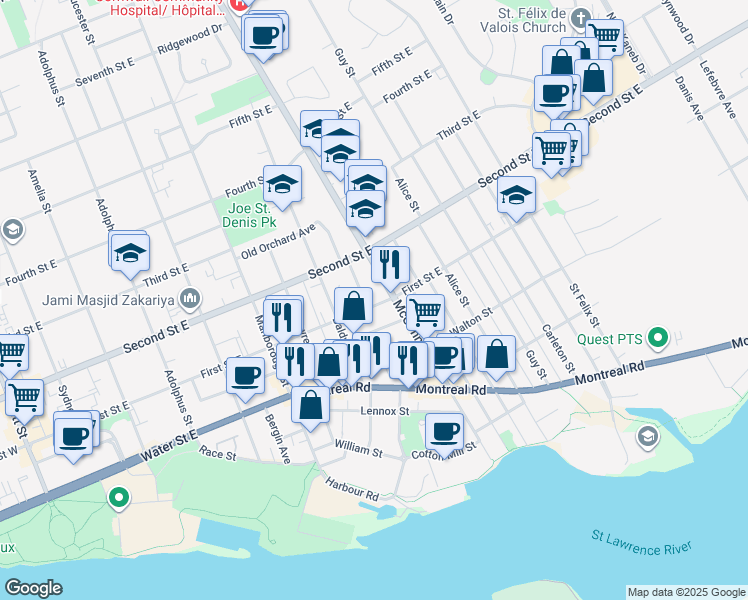 map of restaurants, bars, coffee shops, grocery stores, and more near 720 First Street East in Cornwall