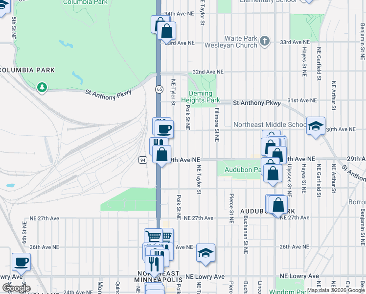 map of restaurants, bars, coffee shops, grocery stores, and more near 2919 Polk Street Northeast in Minneapolis