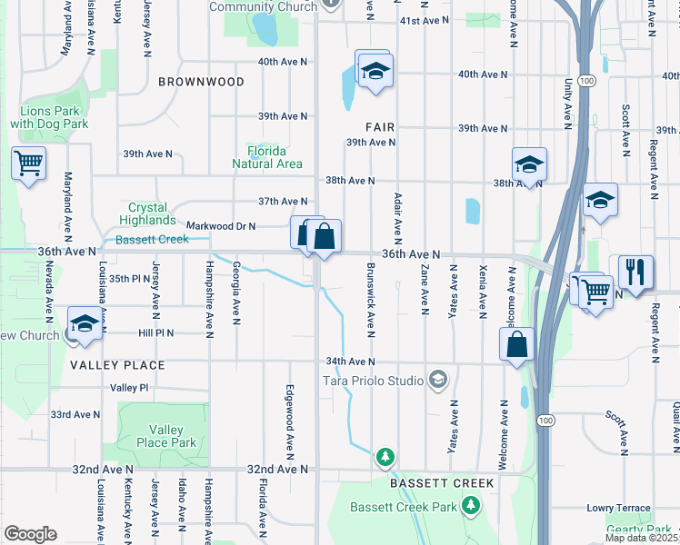 map of restaurants, bars, coffee shops, grocery stores, and more near 6121 36th Avenue North in Minneapolis