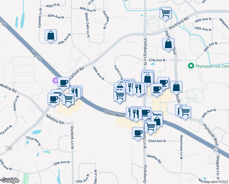 map of restaurants, bars, coffee shops, grocery stores, and more near 16205 36th Avenue North in Plymouth
