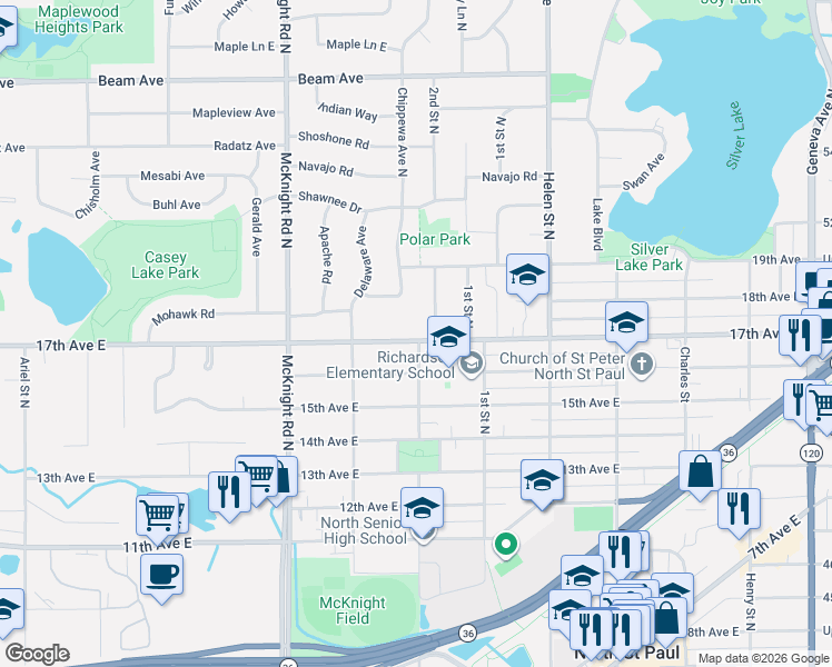 map of restaurants, bars, coffee shops, grocery stores, and more near 2633 2nd Street North in North Saint Paul