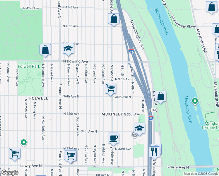 map of restaurants, bars, coffee shops, grocery stores, and more near 3625 North Lyndale Avenue in Minneapolis