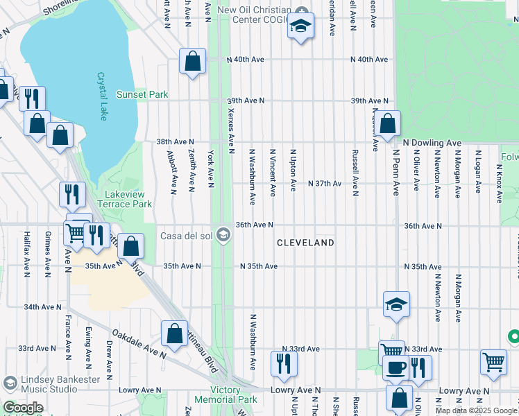 map of restaurants, bars, coffee shops, grocery stores, and more near 3615 North Vincent Avenue in Minneapolis