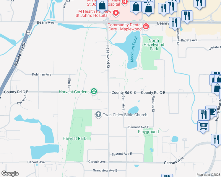 map of restaurants, bars, coffee shops, grocery stores, and more near 2653 Germain Street North in Saint Paul