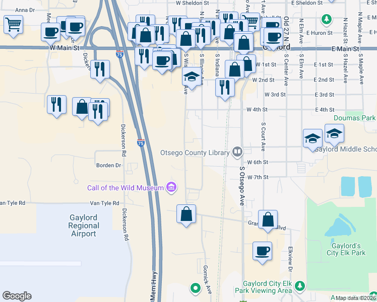 map of restaurants, bars, coffee shops, grocery stores, and more near 610 South Wisconsin Avenue in Gaylord