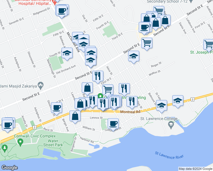 map of restaurants, bars, coffee shops, grocery stores, and more near 340 Prince Arthur Street in Cornwall