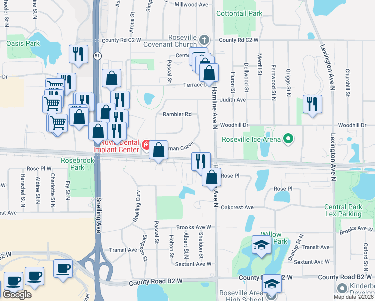 map of restaurants, bars, coffee shops, grocery stores, and more near 1398 Talisman Curve in Roseville