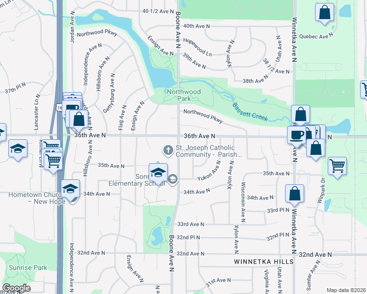 map of restaurants, bars, coffee shops, grocery stores, and more near 3548 Aquila Avenue North in Minneapolis