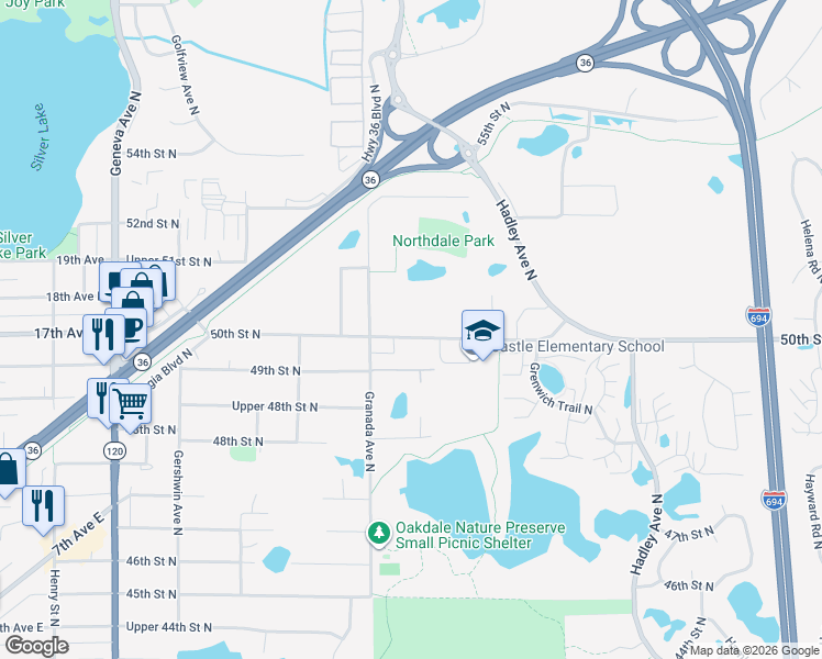 map of restaurants, bars, coffee shops, grocery stores, and more near 6562 50th Street North in Saint Paul