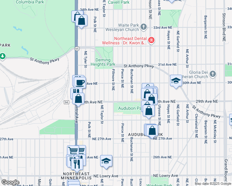 map of restaurants, bars, coffee shops, grocery stores, and more near 2929 Fillmore Street Northeast in Minneapolis