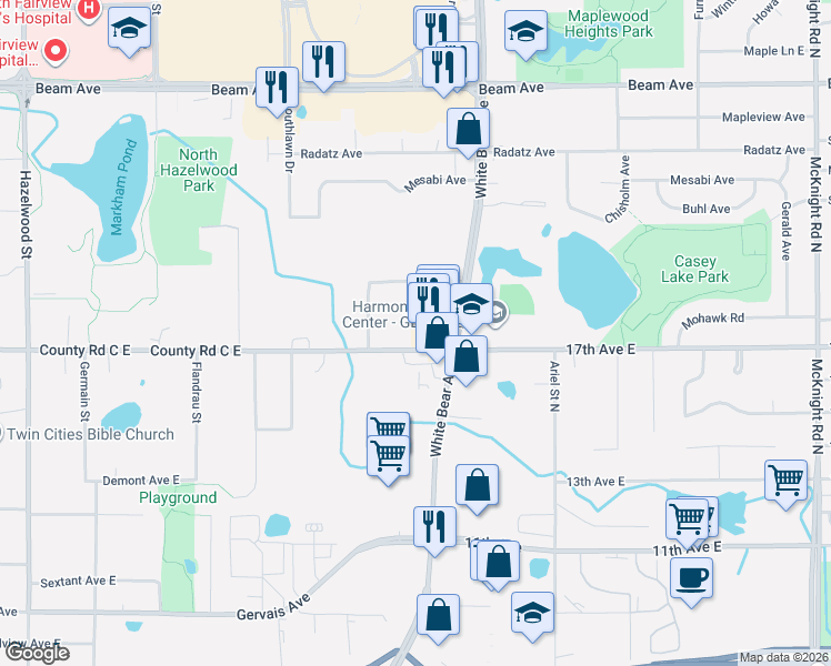 map of restaurants, bars, coffee shops, grocery stores, and more near 1889 County Road C East in Maplewood