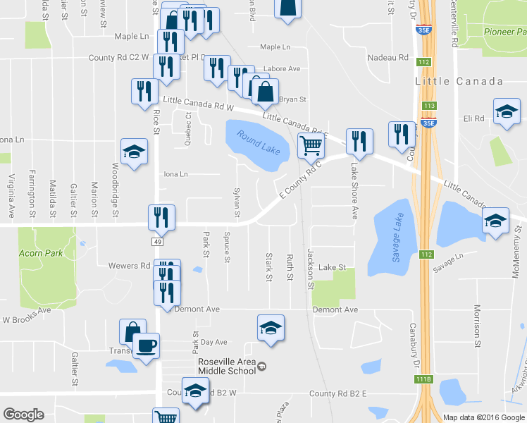 map of restaurants, bars, coffee shops, grocery stores, and more near 44 East County Road C in Little Canada