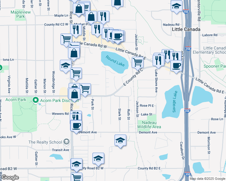 map of restaurants, bars, coffee shops, grocery stores, and more near 2650 Sylvan Street in Little Canada
