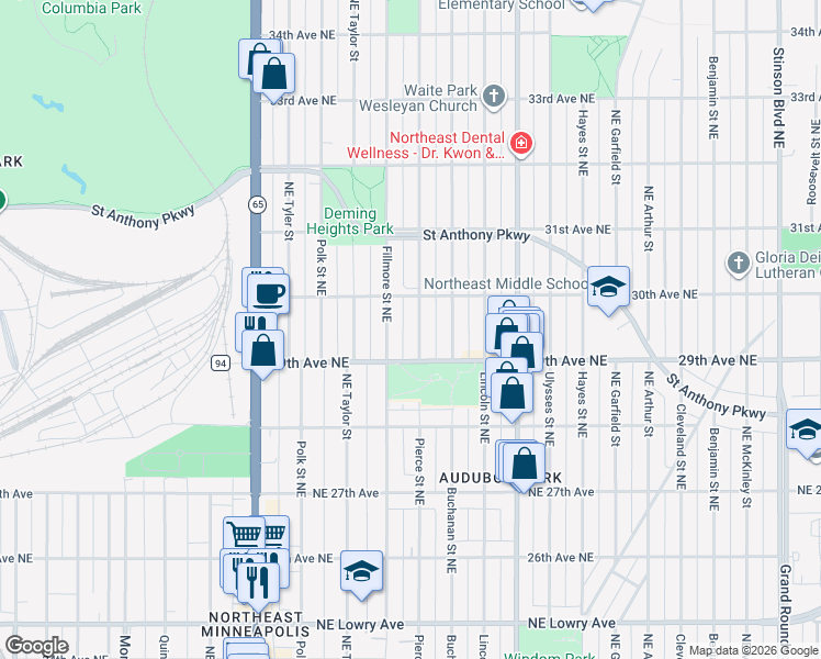 map of restaurants, bars, coffee shops, grocery stores, and more near 2918 Pierce Street Northeast in Minneapolis
