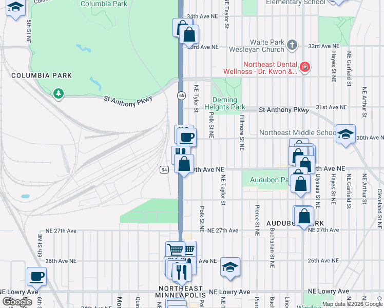 map of restaurants, bars, coffee shops, grocery stores, and more near 2923 Northeast Tyler Street in Minneapolis