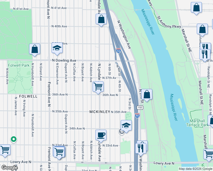 map of restaurants, bars, coffee shops, grocery stores, and more near 3622 North 6th Street in Minneapolis