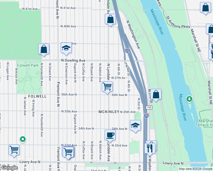 map of restaurants, bars, coffee shops, grocery stores, and more near 3625 North Lyndale Avenue in Minneapolis