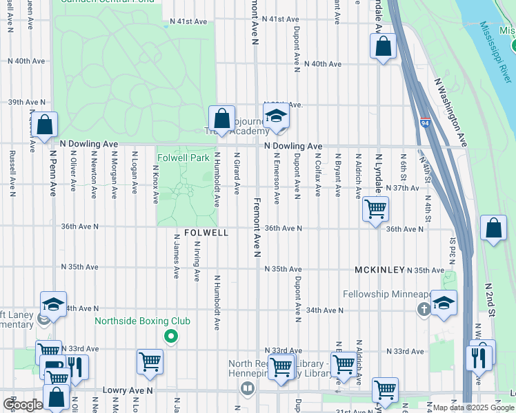 map of restaurants, bars, coffee shops, grocery stores, and more near 3618 North Fremont Avenue in Minneapolis