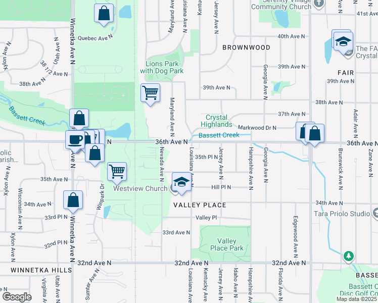 map of restaurants, bars, coffee shops, grocery stores, and more near 7201 36th Avenue North in Minneapolis