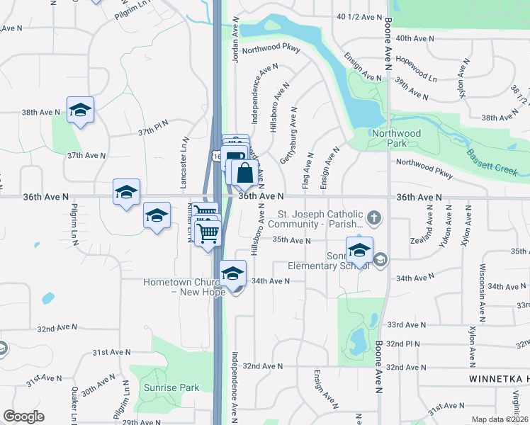 map of restaurants, bars, coffee shops, grocery stores, and more near 3564 Hillsboro Court North in Minneapolis