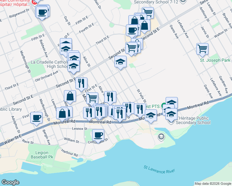 map of restaurants, bars, coffee shops, grocery stores, and more near 303 Guy Street in Cornwall