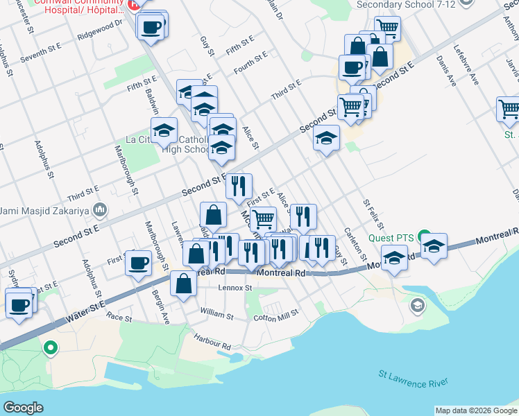 map of restaurants, bars, coffee shops, grocery stores, and more near 342 Prince Arthur Street in Cornwall
