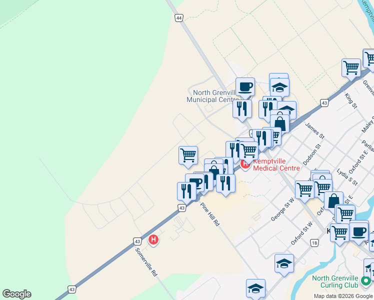 map of restaurants, bars, coffee shops, grocery stores, and more near 2582 Tempo Drive in Kemptville
