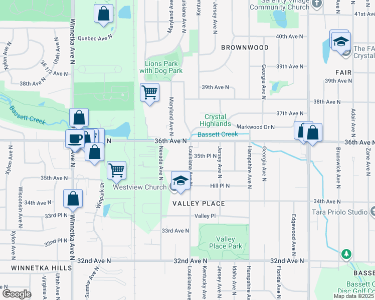 map of restaurants, bars, coffee shops, grocery stores, and more near 7201 36th Avenue North in Minneapolis