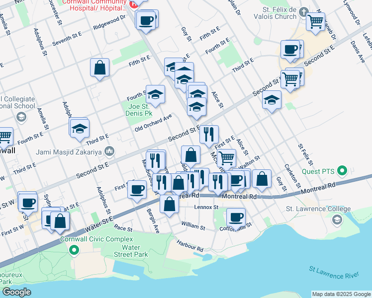 map of restaurants, bars, coffee shops, grocery stores, and more near 11 Menard Avenue in Cornwall