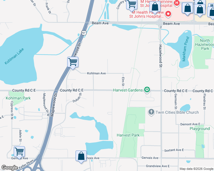 map of restaurants, bars, coffee shops, grocery stores, and more near 1351 County Road C East in Maplewood