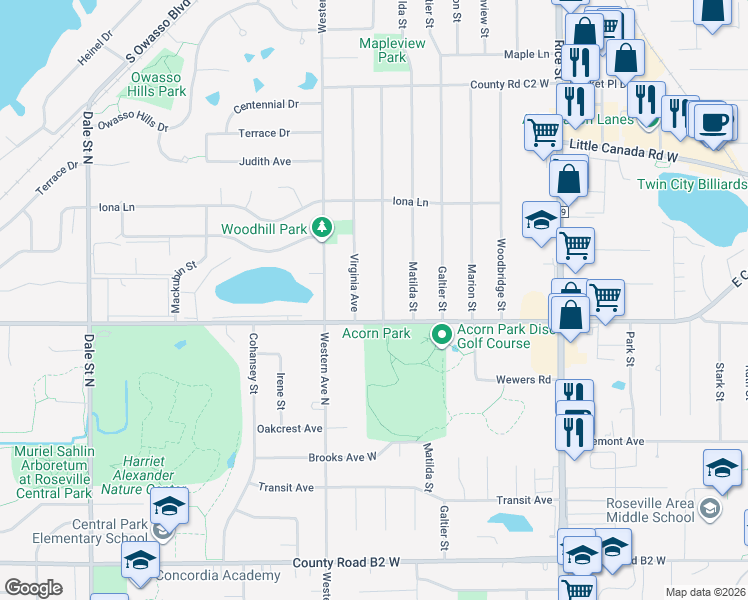 map of restaurants, bars, coffee shops, grocery stores, and more near 2645 Farrington Street in Roseville